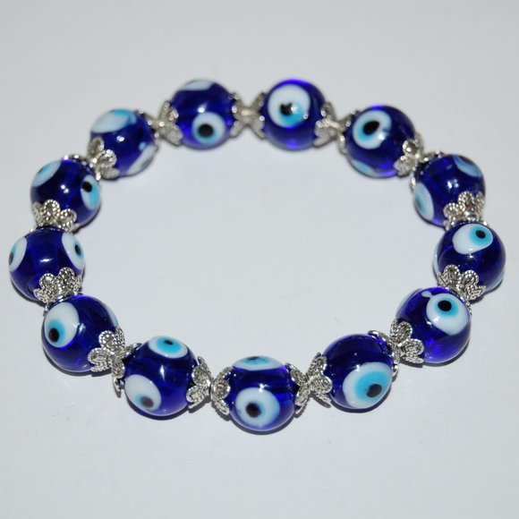 Evil Eye Bracelet,10mm Blue Glass Evil Eye Beads,Good Luck Bracelet,Hamsa - Picture 3 of 3